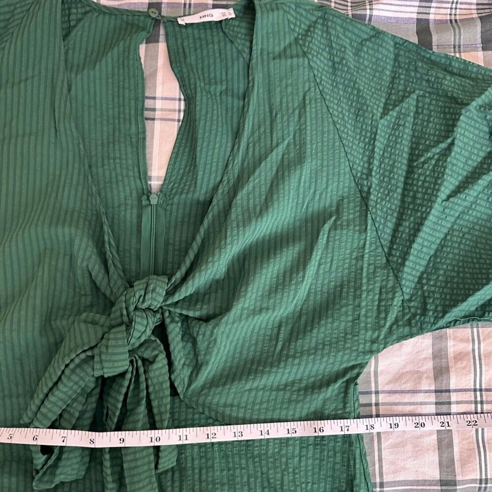 Mango MNG Midi Dress Womens XL Green Striped Boho Puff Sleeve Twist Wrap Tie - Picture 13 of 14